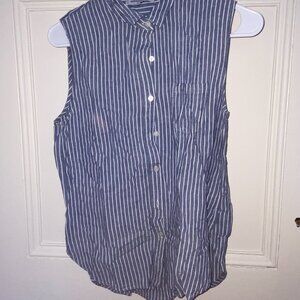 Navy & White Vertical Stripe Sleeveless Button-Up – Lightweight Collared Shirt w